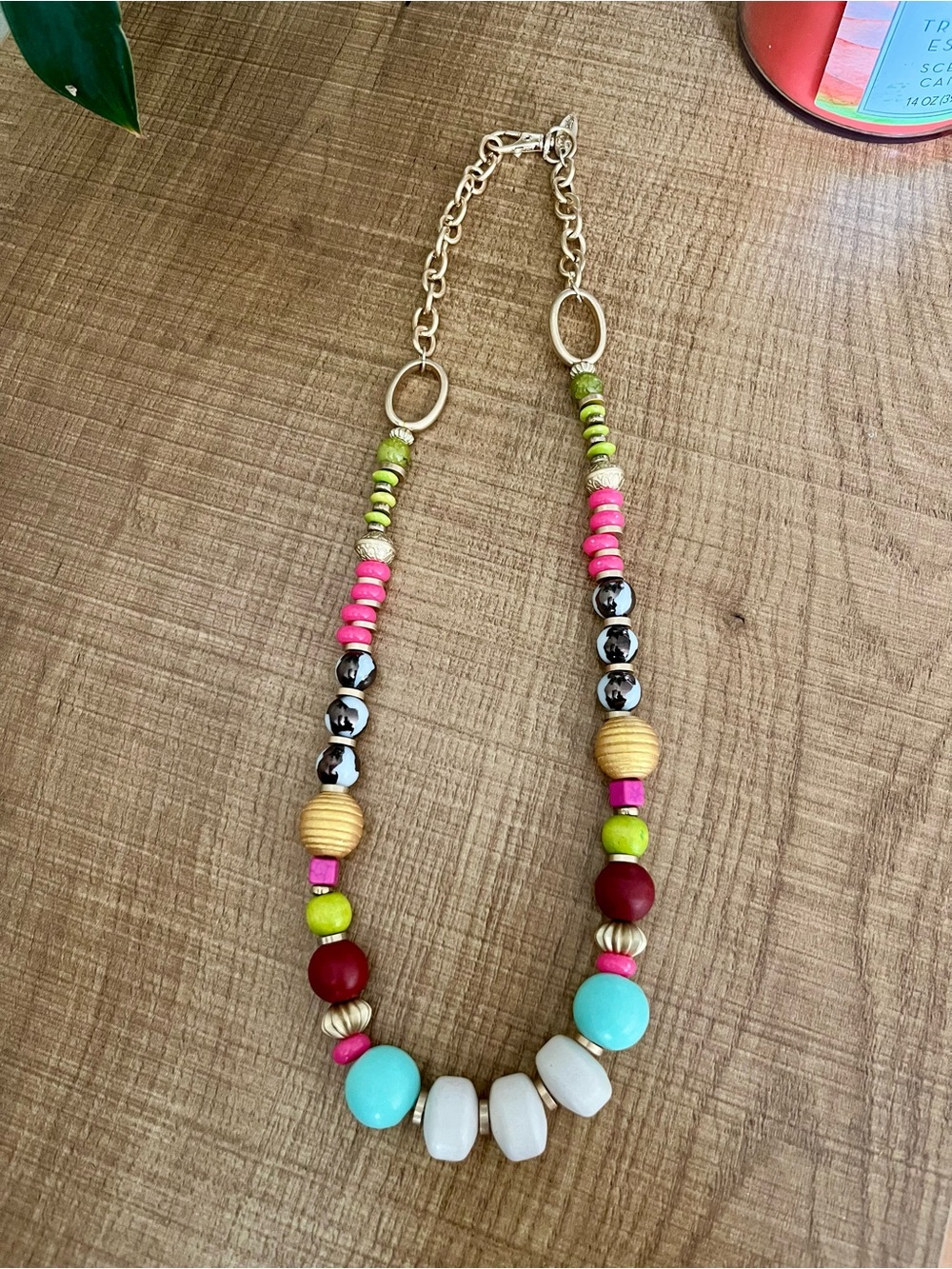 Plunder Multicolor Beaded Necklace with Turquoise, Pink & Lime Accents